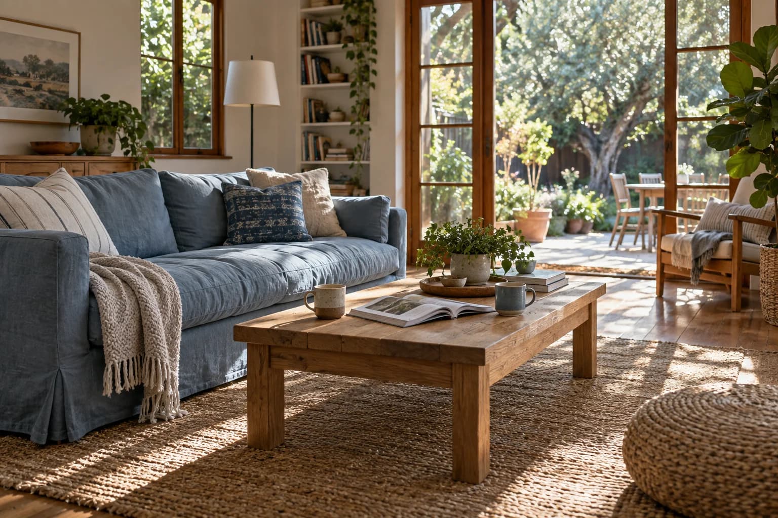 A welcoming living room with a blue linen sofa and a sunlit garden