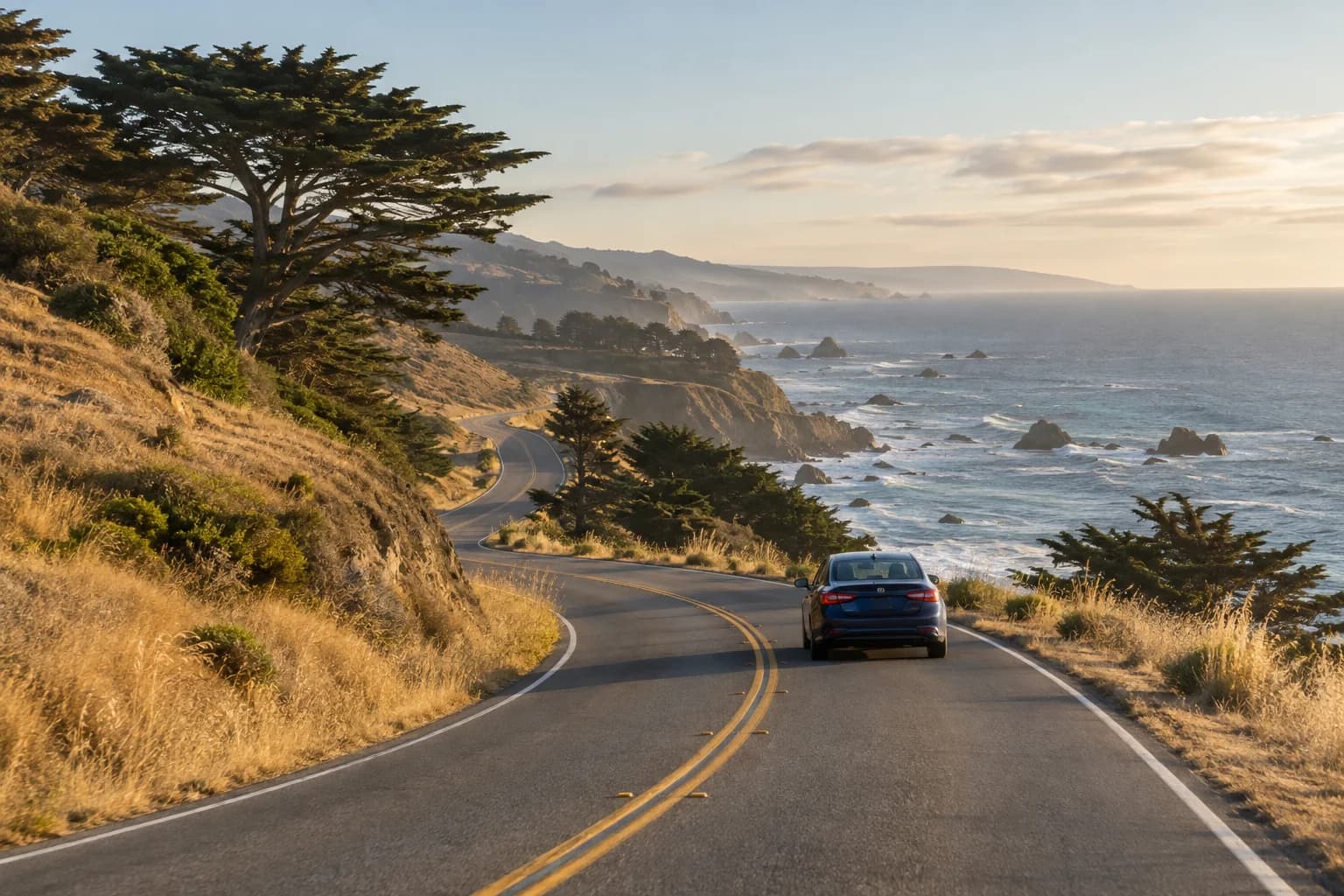 A coastal road winding along the California shoreline